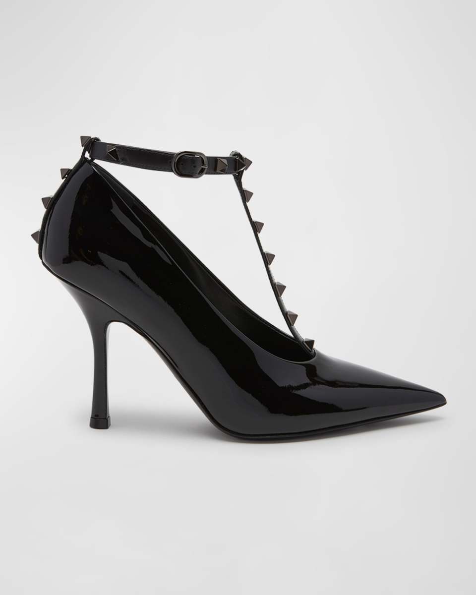 Rockstud Patent T-Strap Pumps
